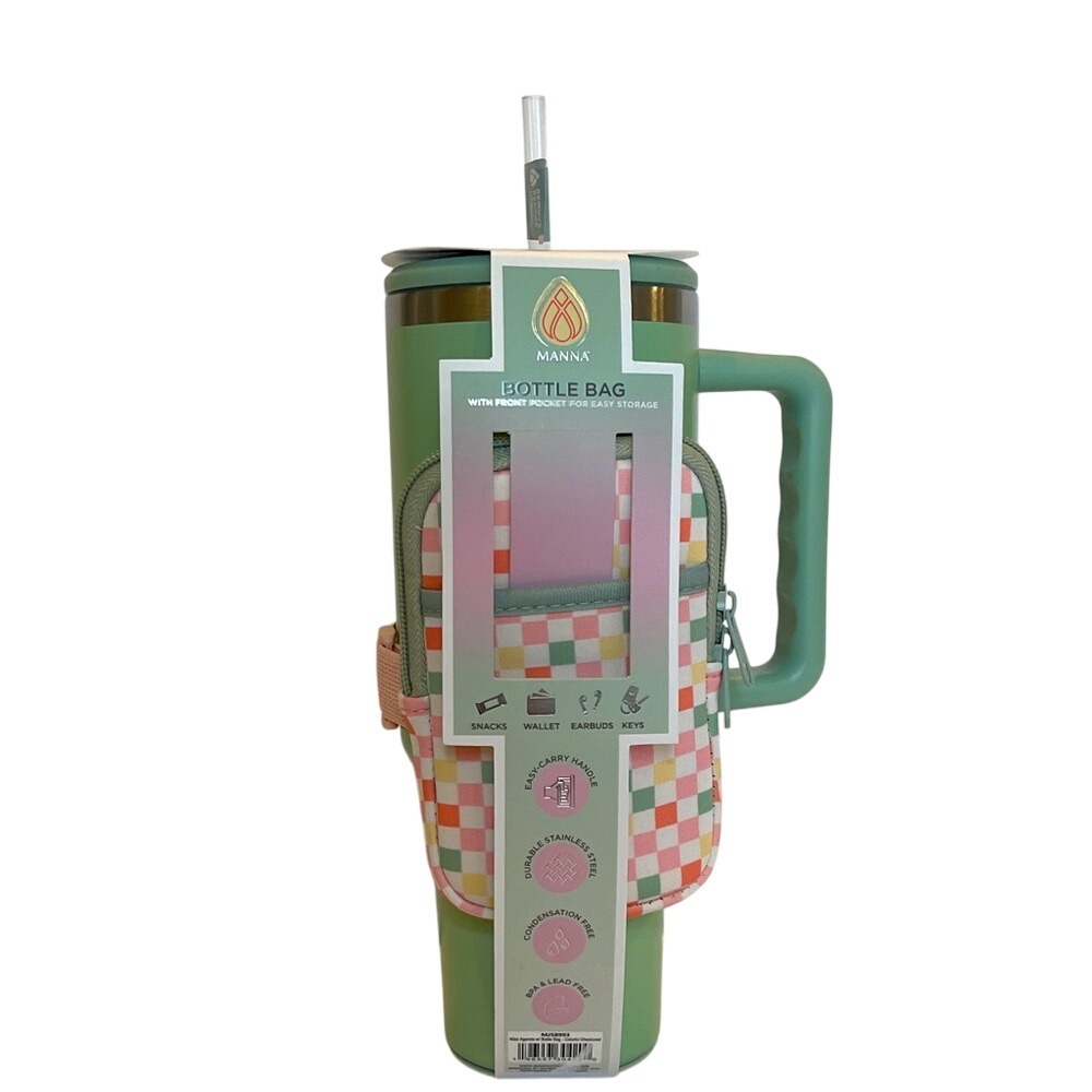 Manna Green Stainless Steel Tumbler Mug Cup Bottle‎ Bag NWT